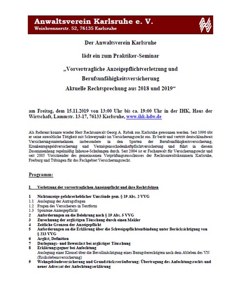 Versicherungsrechtliches Praktiker-Seminar am 15.11.2019