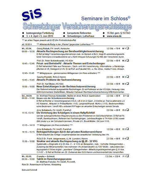 Schwetzinger Versicherungsrechtstage ab dem 03.04.2019