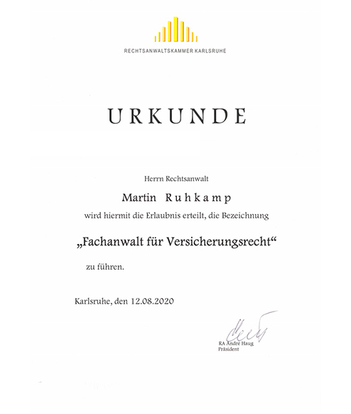 Martin Ruhkamp jetzt auch Fachanwalt für Versicherungsrecht
