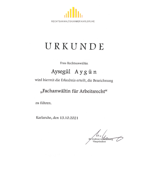 Rechtsanwältin Aygün jetzt auch Fachanwältin für Arbeitsrecht