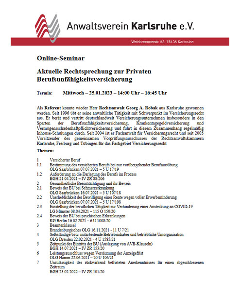 Versicherungsrechtliches Online-Seminar am 25.01.2023