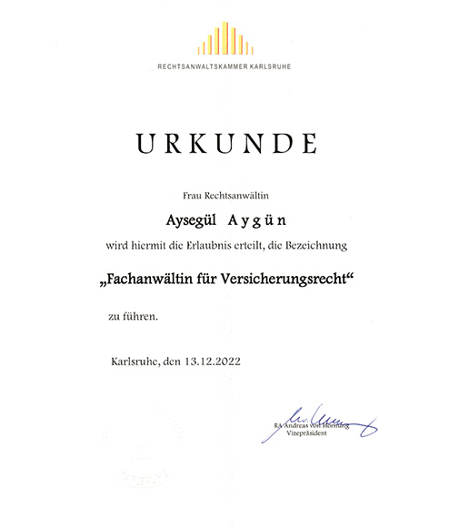 Rechtsanwältin Aygün jetzt auch Fachanwältin für Versicherungsrecht