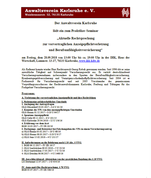 Versicherungsrechtliches Praktiker-Seminar am 28.09.2018