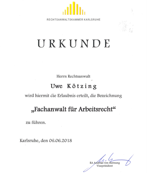 Rechtsanwalt Uwe Kötzing jetzt auch Fachanwalt für Arbeitsrecht